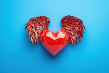 Wall Mural - Bright red heart with detailed feathered wings on blue background