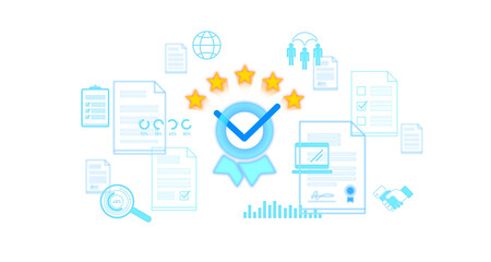 Poster - Five-star rating with a checkmark badge surrounded by business and review icons on a white background. Concept of online reputation and customer feedback