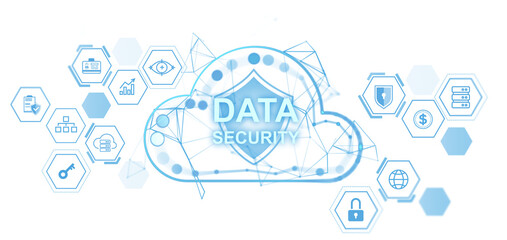 Poster - Cloud-shaped digital security icon with shield and text DATA SECURITY, surrounded by hexagonal security-related icons on a white background