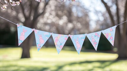 Poster - A pastel Easter banner with bunny silhouettes and floral accents strung between trees in a park.
