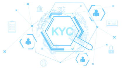 Poster - abstract illustration of kyc digital verification with magnifying glass, user icons, and security sy