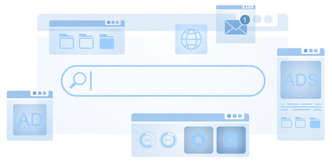 Poster - Transparent illustration of a search engine interface with floating UI elements, ads, and notifications on a white background, representing online browsing
