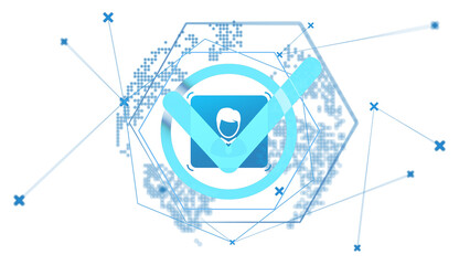 Poster - Abstract digital identity verification concept with a blue user profile icon and checkmark on a white background. Represents authentication and security