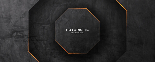 Poster - 3d black rough grunge abstract background overlap layer on dark space with orange octagons decoratio