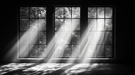 Poster - Sunlight streams through three large windows illuminating a dark room with shadows and forest reflections