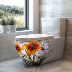 Poster - A transparent flower toilet with an orange lilies and purple blossoms design, in a modern bright bathroom.