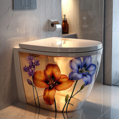 Poster - A transparent flower toilet with an orange lilies and purple blossoms design, in a modern bright bathroom.