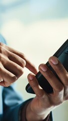 Aufkleber - Social media, business and hands scroll with phone for internet, communication and app. Contact, chat and person with smartphone for email, online conversation and networking with message at work