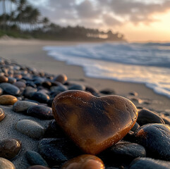 Poster - Shiny colorful heart shaped pebbles washed up on a beach with palm trees in the distant background.