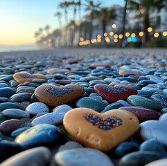 Poster - Shiny colorful heart shaped pebbles washed up on a beach with palm trees in the distant background.