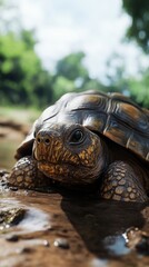 Poster - Tortoise close-up in natural habitat, morning light. Wildlife and conservation concept