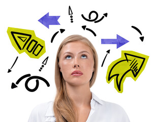 Poster - Woman in white shirt looking up with drawn arrows and abstract symbols around her on white background. Concept of decision-making, strategy, and options