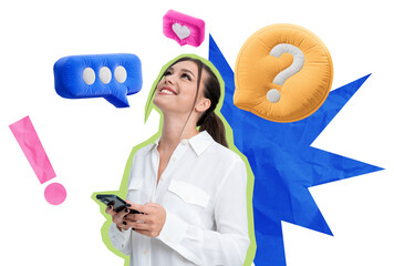 Poster - Young woman in white shirt holding smartphone, surrounded by colorful speech bubbles and punctuation marks, isolated on white. Concept of digital communication