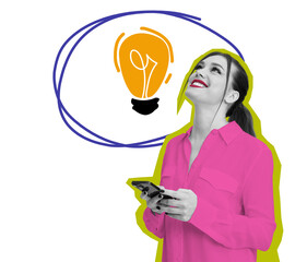 Poster - Woman in pink shirt holding smartphone, looking up with a smile. Light bulb sketch in a thought bubble above her head. White background, creativity concept