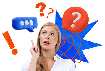 Poster - Curious woman pointing up, surrounded by colorful chat bubbles, question and exclamation marks on white background. Concept of communication and confusion