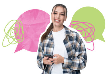 Poster - Smiling young woman with smartphone, standing in front of abstract speech bubbles with scribbles, isolated on white background. Concept of communication