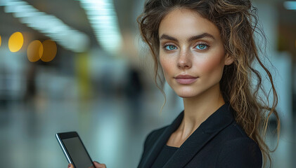 Aufkleber - A confident businesswoman in a black suit, holding a tablet and standing in a modern office environment, looking focused and professional.