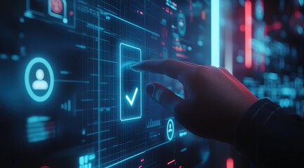 Poster - Digital Interface: User Activates Check Mark on Futuristic Screen, Confirming Action with a Touch