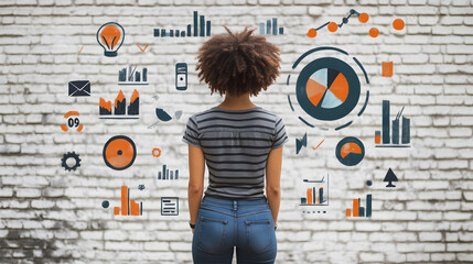 Poster - A woman stands before a wall covered in colorful charts and graphs, symbolizing data analysis and business strategy