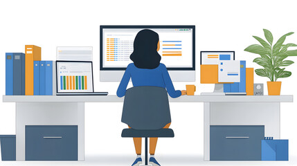 Poster - A person working at a desk with multiple monitors, surrounded by files and a plant, focused on tasks in a modern office setting