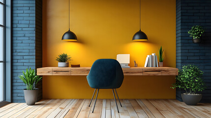 Poster - A modern home office featuring a wooden desk, stylish chair, plants, and warm lighting against a vibrant yellow wall