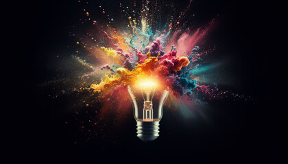 Creative light bulbs exploding with colorful sparkling and splashing colors on black background. Concept. Think different. Creativity.