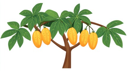 Ripe mangoes on tree branch, white background, agricultural illustration