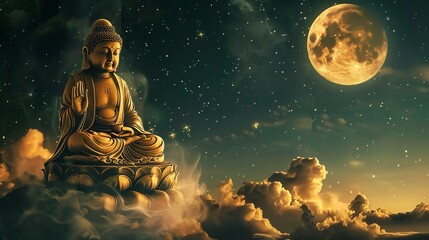 Wall Mural - A golden Buddha statue sits on a lotus flower amidst clouds and a full moon in the night sky.