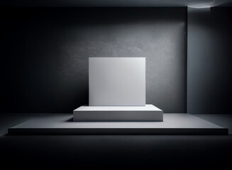 Aufkleber - A white cube stands centered on a pedestal in a stark, dark room.  The scene is illuminated by a single light source, casting dramatic shadows on the textured walls.