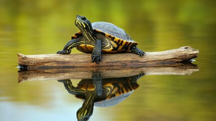 Poster - Turtle basking on a log in serene pond, reflection view. Nature and wildlife concept