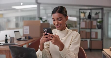 Poster - Logistics, woman or typing with phone in office for dropshipping review, distribution service or online order. Ecommerce, person or happy with smartphone for social media marketing or delivery update