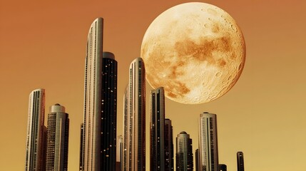 Wall Mural - Futuristic Martian Cityscape with Glowing Orange Skyline and Looming Moon