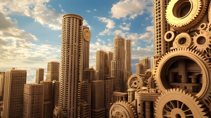 Wall Mural - Steampunk-inspired Skyline with Gear-adorned Buildings and Vintage Tones