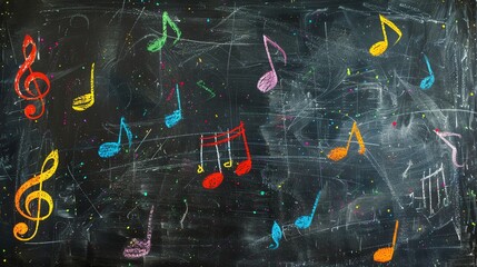 Poster - A black chalkboard covered with colorful chalk drawings of music notes.