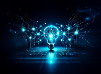 Poster - A glowing lightbulb with a brain inside, emits bright blue light and is surrounded by a digital network on a dark background, representing ideas and innovation.