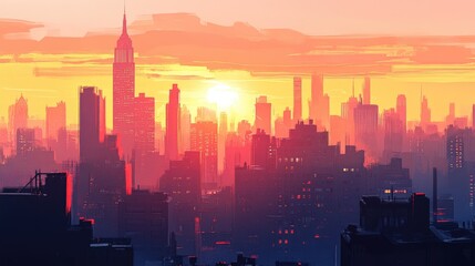 Poster - A beautiful sunrise over a city skyline, with the sun just above the building tops, casting long shadows and creating a serene atmosphere