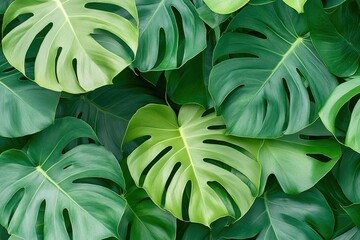 Poster - mesmerizing close-up of overlapping monstera leaves their signature perforations creating natural patterns