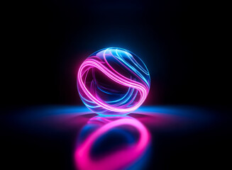 Aufkleber - Glowing sphere with swirling pink and blue neon lines against a dark backdrop.  The luminous orb reflects brightly on a smooth, black surface.