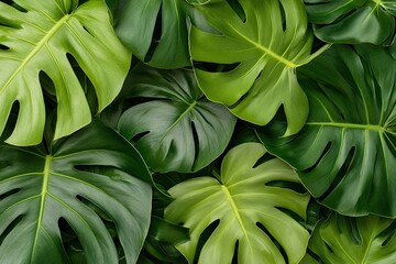 Poster - mesmerizing close-up of overlapping monstera leaves their signature perforations creating natural patterns