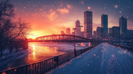 Aufkleber - A beautiful winter sunset over a city bridge, the skyline glowing in the warm light of dusk, while snow gently falls across the city streets