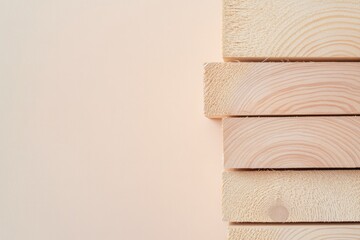 Poster - minimalistic photo of stacked lumber against clean solid color background showcasing texture and natural grain of wood
