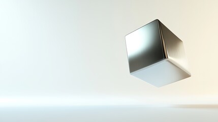 Poster - sleek 3d-rendered metallic cube with smooth beveled edges floating in empty white space soft ambient lighting copy