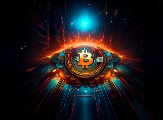 Poster - a glowing bitcoin symbol in a futuristic, digital circuit design. radiant orange and blue lights ema