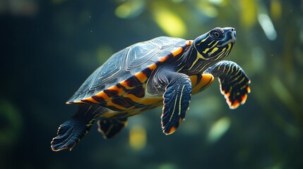 Poster - Painted turtle swimming gracefully underwater, vibrant aquatic wildlife. Nature and conservation concept