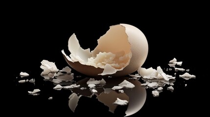 Poster - A broken eggshell with soft, creamy white interior visible, surrounded by tiny shards, symbolizing fragility and freshness in a simple and clean composition