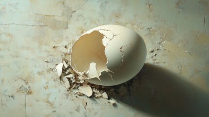 Poster - A broken eggshell with soft, creamy white interior visible, surrounded by tiny shards, symbolizing fragility and freshness in a simple and clean composition