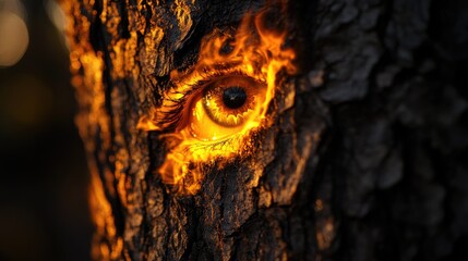 Poster - A captivating image of a tree bark with an eye reflection, mirroring the fierce flames of a forest fire, evoking both beauty and danger in nature
