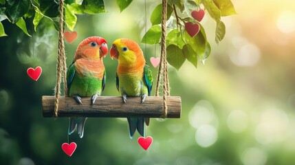 Poster - A charming Valentine's Day scene with two colorful birds perched on a swing, surrounded by hearts and leaves, set against a vibrant green backdrop full of love