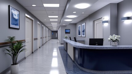 Poster - A hospital hallway with a reception desk and a potted plant