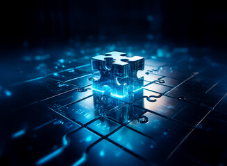 Aufkleber - illuminated puzzle piece rests atop a digital circuit board emitting blue light. symbolizes technolo